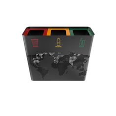 a black trash can with different colored bins on the sides and an image of a world map