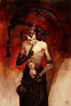 a painting of a man holding a baby in his arms with an evil demon on the back