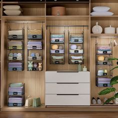 an organized closet with shelves and drawers