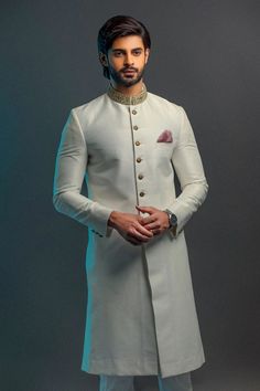 Golden Mens Sherwani Pakistani Designer Dress Pakistani Wedding Look, Sherwani Pakistani, Pakistani Designer Dress, Ivory Sherwani, Engagement Suits, Sherwani For Men Wedding, Sherwani Groom, Mens Sherwani, Resham Work