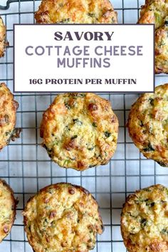 several muffins on a cooling rack with a sign stating savory cottage cheese muffins