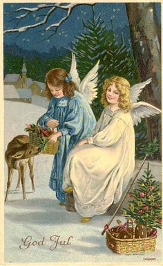 an old fashioned christmas card with two angels in the snow and a deer on the ground