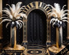 two tall vases with white and black feathers on them in front of an arch