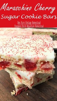 strawberry cheesecake sugar cookie bars stacked on top of each other with the title above it