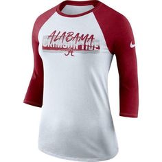 Alabama Crimson Tide Women's Nike Raglan 3/4 Sleeve Tee - New With Tags! Officially Licensed Ncaa Gear 3/4 Sleeve Dri-Fit Team: Alabama Crimson Tide Brand: Nike White Tops With Team Spirit For Fall, White Tops For Fall With Team Spirit Style, Nike Collegiate Tops For Fall, Red Nike Tops With Team Spirit, Nike Collegiate Red Tops, Nike University Red Long Sleeve Tops, Nike Red Collegiate Top, White Cotton T-shirt With 3/4 Sleeves, University Red Long Sleeve Tops For Spring