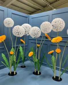 four vases with dandelions and other flowers in front of a blue wall