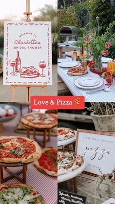 pizzas are displayed on tables at an outdoor wedding reception, and there is a sign that says love & pizza