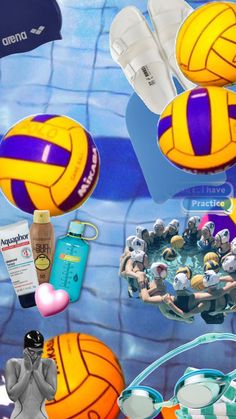 the collage shows different types of sports equipment and people swimming in water with balls