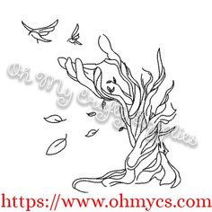 a drawing of a tree with birds flying around it