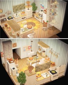 two views of a kitchen and dining area in a dollhouse with wooden floors, white walls