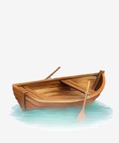 a small wooden boat with oars floating on the water, in front of a white background