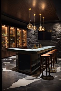 a dimly lit bar with stools and lights