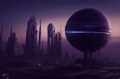 a futuristic city at night with lights shining on the buildings and giant planets in the background