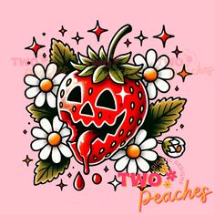 an image of a strawberry and daisies on a pink background with the words no peaches