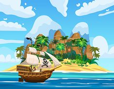 a cartoon pirate ship sailing in the ocean near an island with palm trees and mountains