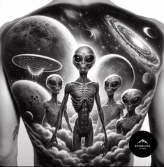 an alien man with three aliens on his back and planets in the sky behind him