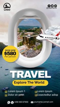 an advertisement for the travel expo with a plane flying over water and buildings in the background