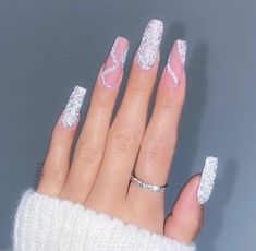 Silver And Pink Nails, Shiny Nails Designs, Abstract Nail, New Years Eve Nails, Silver Glitter Nails, Glitter Nails Acrylic, Blush Nails, Shiny Nails, Sparkly Nails