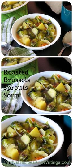 two pictures showing different types of soup in white bowls