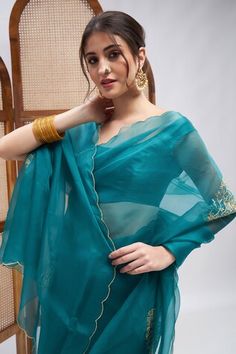 Turquoise pure silk organza saree with placement tree motifs, contrast resham and sequin embroidery. Comes with unstitched blouse piece. - Aza Fashions Embroidered Saree, Saree Border, Sequin Embroidery, Organza Saree, Sequins Embroidery, Silk Organza, Blouse Length, Cut Work, Blouse Fabric