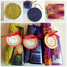 there are many different items in this collage, including soaps and crochet