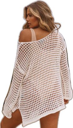 Open Knit Swimwear For Beach Cover-up, Long Sleeve Crochet Cover-up For Vacation, Spring Beachwear Cover-up With Open Knit, Lightweight Long Sleeve Beachwear Cover-up, Bohemian Lightweight Cover-up For Beach Party, Stretch Hollow Out Cover-up For Beach Season, Stretch Cover-up With Hollow Out Details For Beach Season, Beach Season Stretch Cover-up With Hollow Out Details, Summer Crochet Top For Vacation Beach Cover-up