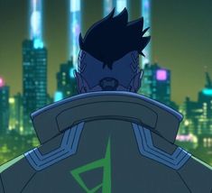 an animated image of a man with black hair in front of a cityscape