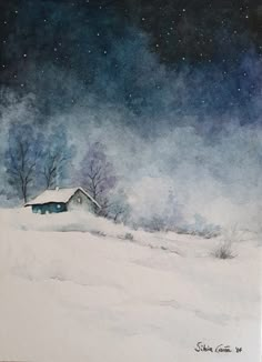 a painting of a snow covered field with a house in the distance and stars above