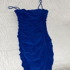 Brand New Never Worn, Still Has Tags On It Blue Stretch Dress With Spaghetti Straps, Blue Bodycon Midi Dress With Spaghetti Straps, Blue Stretch Mini Dress With Spaghetti Straps, Blue Ruched Mini Dress, Blue Sleeveless Ruched Dress, Blue Ruched Sleeveless Dress, Blue Ruched Dress For Party, Blue Ruched Party Dress, Blue Ruched Midi Dress For Party