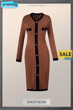 Long Sleeve Elegant Color Block Midi Dress Brown V-neck Midi Dress For Work, Chic Brown Midi Dress With Buttons, Knee-length Brown Bodycon Dress For Work, Elegant Brown Bodycon Dress For Fall, Brown Knee-length Bodycon Dress For Work, Brown Long Sleeve Midi Dress With Buttons, Brown V-neck Midi Dress With Buttons, Elegant Color, Color Coffee