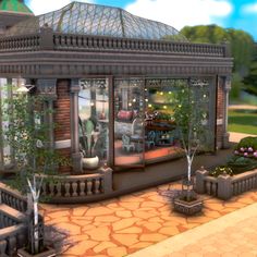 an animated image of a house with plants in the front yard and on the ground