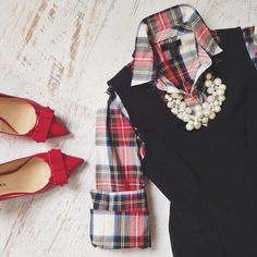 Plaid Flats Outfit, Holiday Plaid Shirt Outfit, Red Sweater Vest Outfits For Women, Tartan Shirt Outfit Women, Red Plaid Shirt Outfit Women, Red And Black Plaid Shirt Outfit, Black Plaid Shirt Outfit, Black Sweater Vest Outfit, Red Plaid Pants Outfit