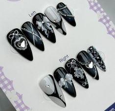 Nail Chinese, Black And White Nail, Acrylic Nails Almond Shape, Press On, Asian Nails, Almond Acrylic Nails, White Nail, Bling Acrylic Nails, Simple Nail