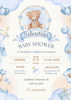 a baby shower with teddy bears and blue balloons in the sky, on a white background