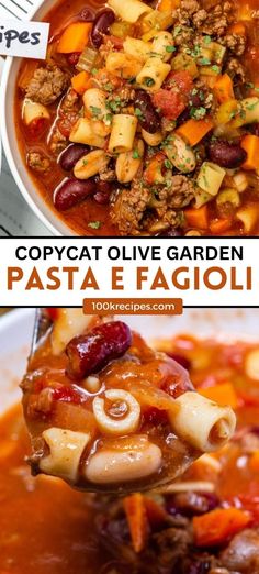 two pictures with different types of food in them and the words copycat live garden pasta e fagioi