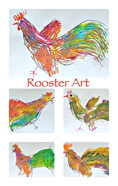 four different pictures of roosters with the words rooster art