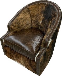 a brown and black chair with cowhide on it