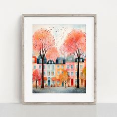 a watercolor painting of houses and trees