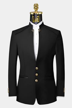 Elegant Fitted Suits With Stand Collar, Formal Fitted Blazer With Stand Collar, Elegant Single Breasted Blazer With Stand Collar, Elegant Semi-formal Suits With Gold Buttons, Elegant Suits With Gold Buttons For Semi-formal Occasions, Tailored Long Sleeve Suits With Gold Buttons, Fitted Stand Collar Blazer For Semi-formal, Fitted Stand Collar Blazer For Semi-formal Occasions, Fitted Blazer With Stand Collar For Semi-formal Occasions