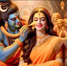 a painting of a woman getting her make up done by a man in an orange sari