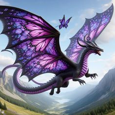 a purple dragon is flying in the sky