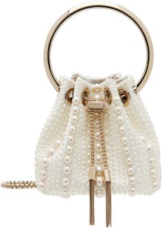 Satin top handle bag in white. · Faux-pearl appliqués throughout · Fixed metal carry handle · Fixed curb chain shoulder strap · Tassels at cord-lock drawstring closure · Satin lining · Logo-engraved gold-tone hardware · H4.25 x W4.25 x D2.25 Supplier color: Ivory Womens Designer Bags, Jimmy Choo Bag, Pearl Bag, Satin Bags, Bon Bon, Ivory Pearl, Silver Engraving, Satin Top, Womens Designer Fashion