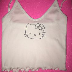 Handmade With Love This Is A White Rib Knit Cami Top With Silver Rhinestones And A Hello Kitty Design. Fits Size Small And Is Super Stretchy. 97% Cotton 3% Elastane #Hellokitty #Sanrio #Croptop #Rhinestones #Y2k Hello Kitty Aesthetic Outfit, Hello Kitty Rhinestone, Taekwondo Wallpaper, Rhinestone Crop Top, Hello Kitty Design, Y2k Hello Kitty, Y2k Fits, Kitty Clothes, Hello Kitty Clothes