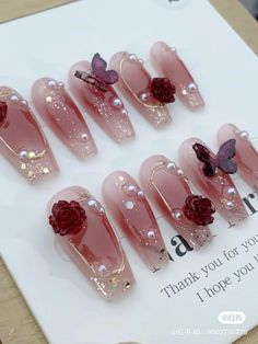 Chinese Wedding Nails For Bride, Wedding Nails 3d, Chinese Nails Designs, Chinese Nails, Kutek Disney, Fake Nails Designs, Fancy Nails Designs, Beauty Nails Design