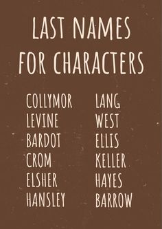 the last names for characters are shown in white on a brown background with black and white lettering