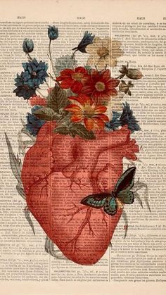 an image of a human heart with flowers and butterflies on top of the book page