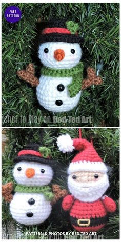 two crocheted snowmen sitting on top of a tree