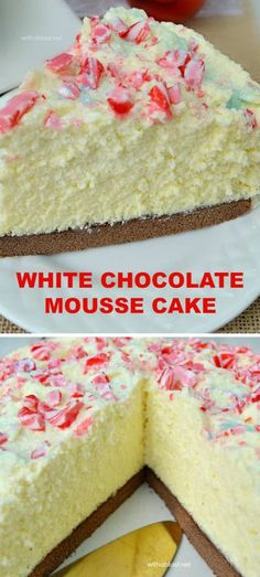 white chocolate mousse cake with red and pink sprinkles on top