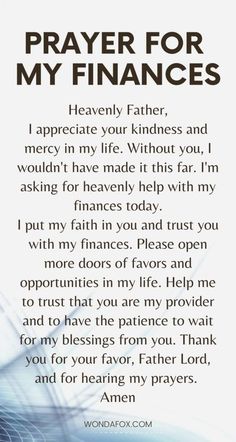 a prayer card with the words prayer for my finance