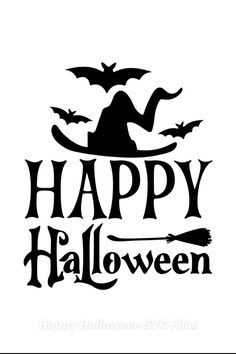 a happy halloween sign with bats and a witch's hat on the top of it